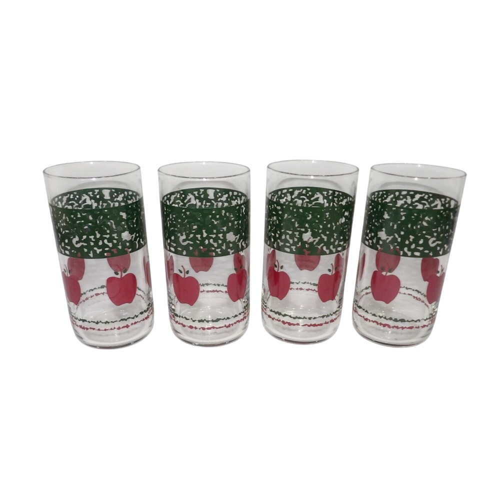Vintage Apple Orchard Tumbler Glasses Set of 4 Red Green Fruit Pattern 5 3/4